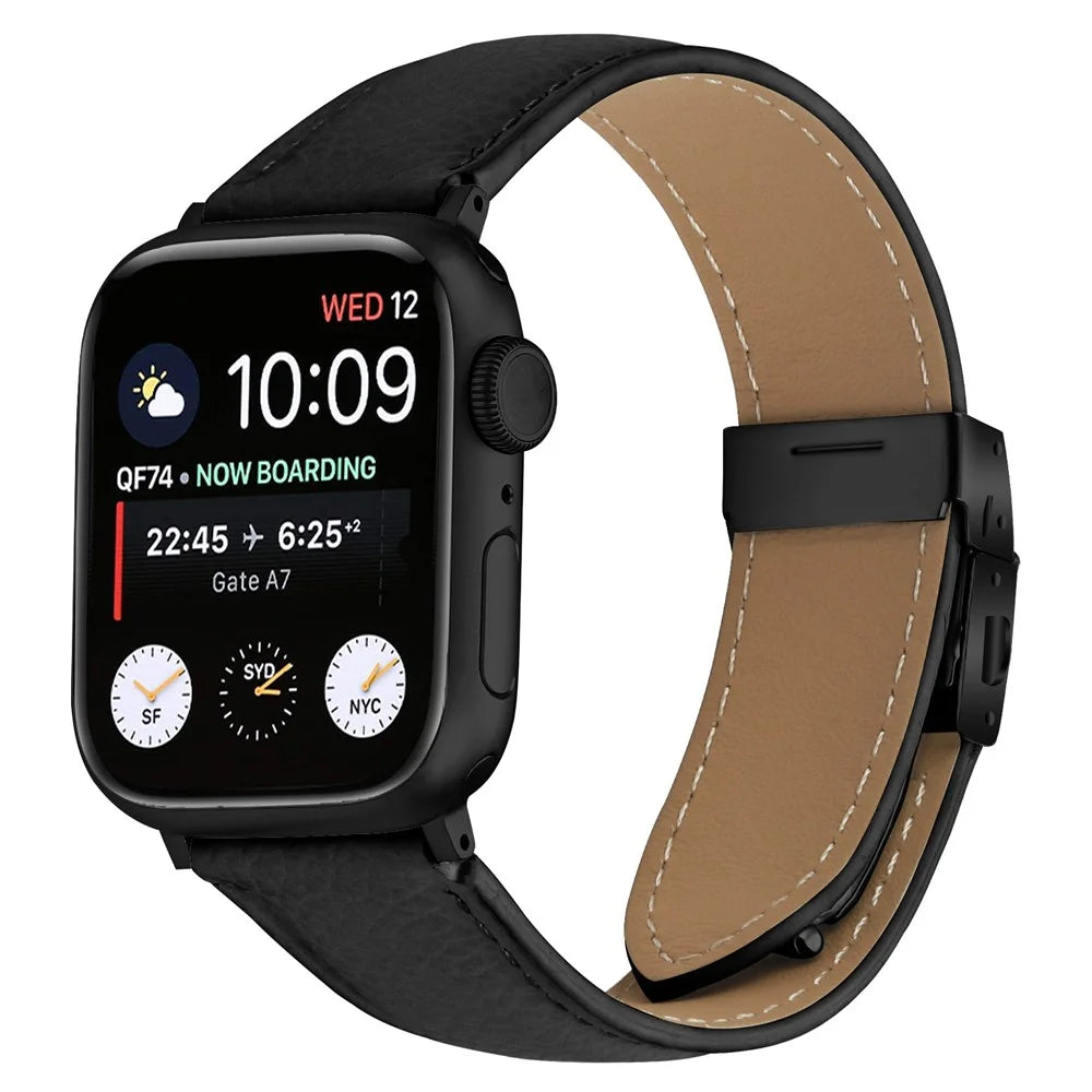Wrist Strap with Black Connector for Apple Watch Ultra 3 2 1 49mm  /  Series 11 10 46mm  /  9 8 7 45mm  /  SE3 SE2 SE 6 5 4 44mm  /  3 2 1 42mm Genuine Leather Watch Band Turtle Back Buckle - Black - 2
