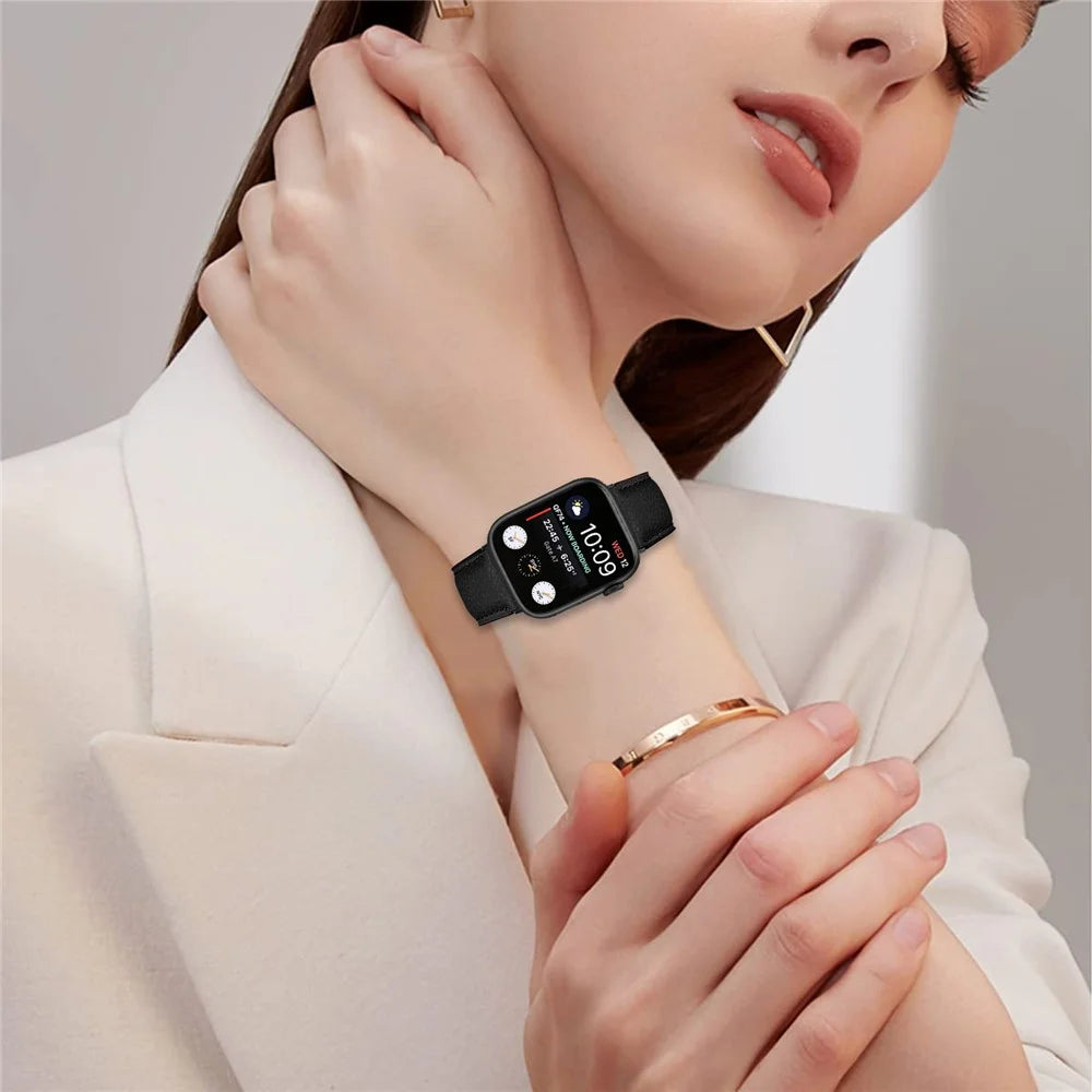 Wrist Strap with Black Connector for Apple Watch Ultra 3 2 1 49mm  /  Series 11 10 46mm  /  9 8 7 45mm  /  SE3 SE2 SE 6 5 4 44mm  /  3 2 1 42mm Genuine Leather Watch Band Turtle Back Buckle - Black - 3