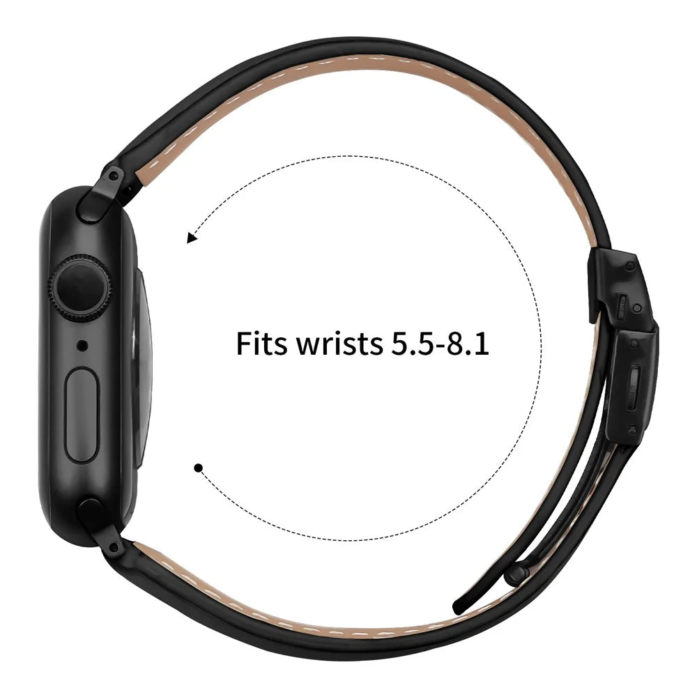 Wrist Strap with Black Connector for Apple Watch Ultra 3 2 1 49mm  /  Series 11 10 46mm  /  9 8 7 45mm  /  SE3 SE2 SE 6 5 4 44mm  /  3 2 1 42mm Genuine Leather Watch Band Turtle Back Buckle - Black - 6