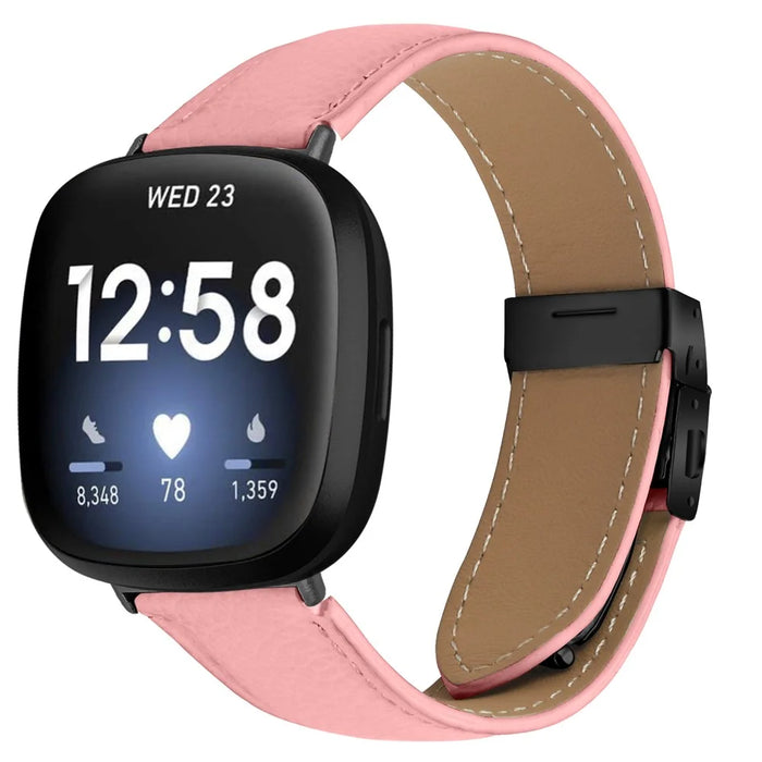 For Fitbit Versa 3  /  Sense Genuine Leather Watch Band with Black Connector Turtle Back Buckle Wrist Strap - Pink - 2