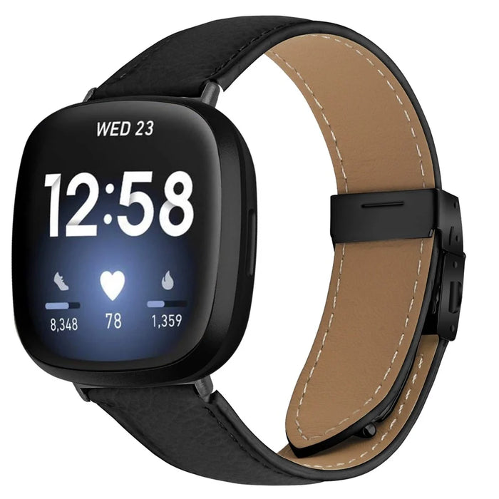For Fitbit Versa 4  /  Sense 2 Genuine Leather Watch Band with Black Connector Turtle Back Buckle Wrist Strap - Black - 2