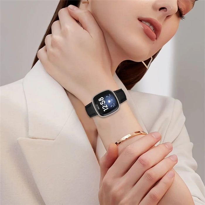 For Fitbit Versa 4  /  Sense 2 Genuine Leather Watch Band with Black Connector Turtle Back Buckle Wrist Strap - Black - 3