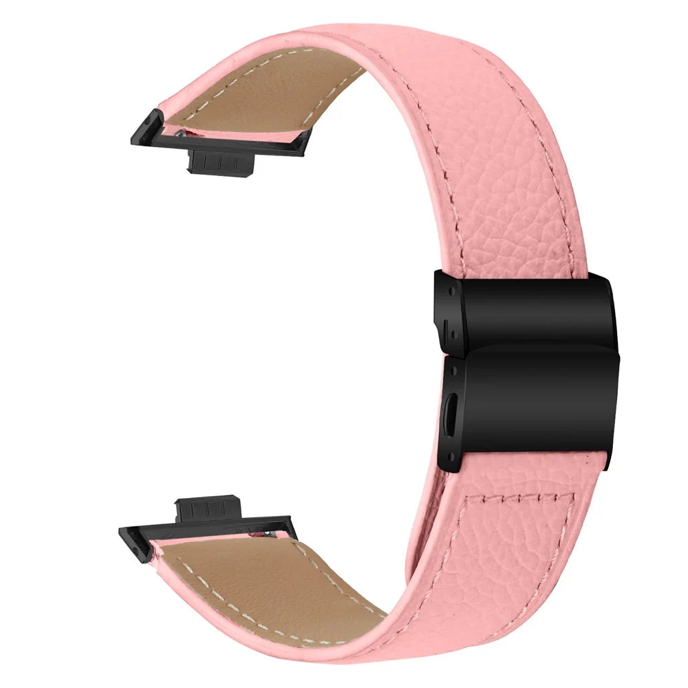 Wrist Strap For Huawei Watch Fit 3  /  Fit 4  /  Fit 4 Pro Genuine Leather Watch Band with Black Connector Turtle Back Buckle - Pink - 1
