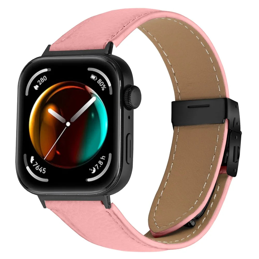 Wrist Strap For Huawei Watch Fit 3  /  Fit 4  /  Fit 4 Pro Genuine Leather Watch Band with Black Connector Turtle Back Buckle - Pink - 2