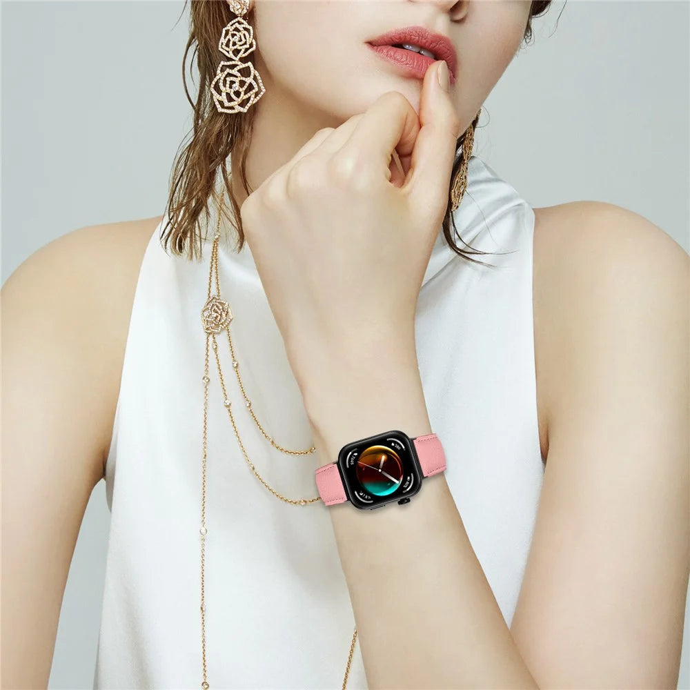 Wrist Strap For Huawei Watch Fit 3  /  Fit 4  /  Fit 4 Pro Genuine Leather Watch Band with Black Connector Turtle Back Buckle - Pink - 4