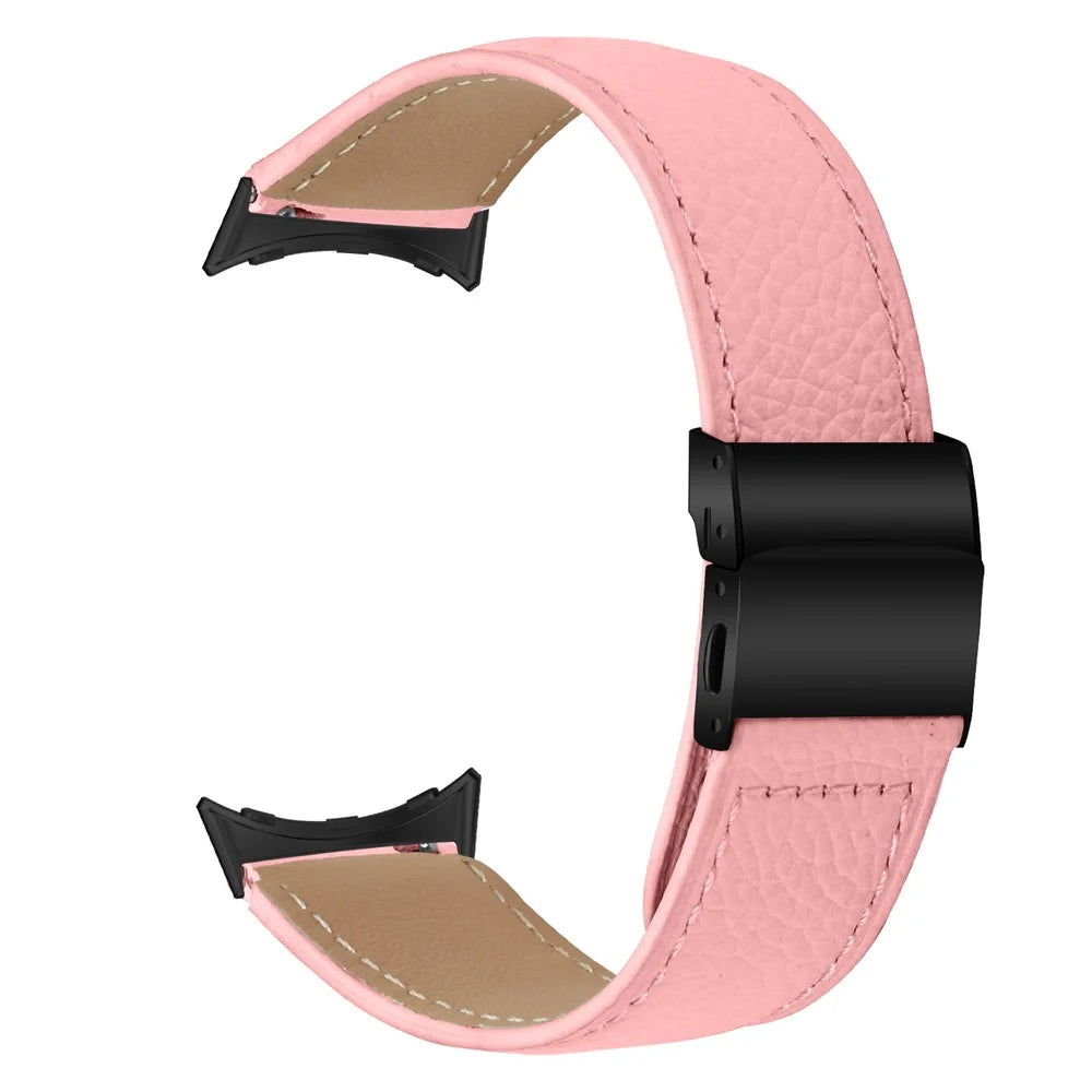 Wrist Strap For Google Pixel Watch 4 41mm / Watch 3 41mm / Watch 2 / Watch Genuine Leather Watch Band with Black Connector Turtle Back Buckle - Pink - 1