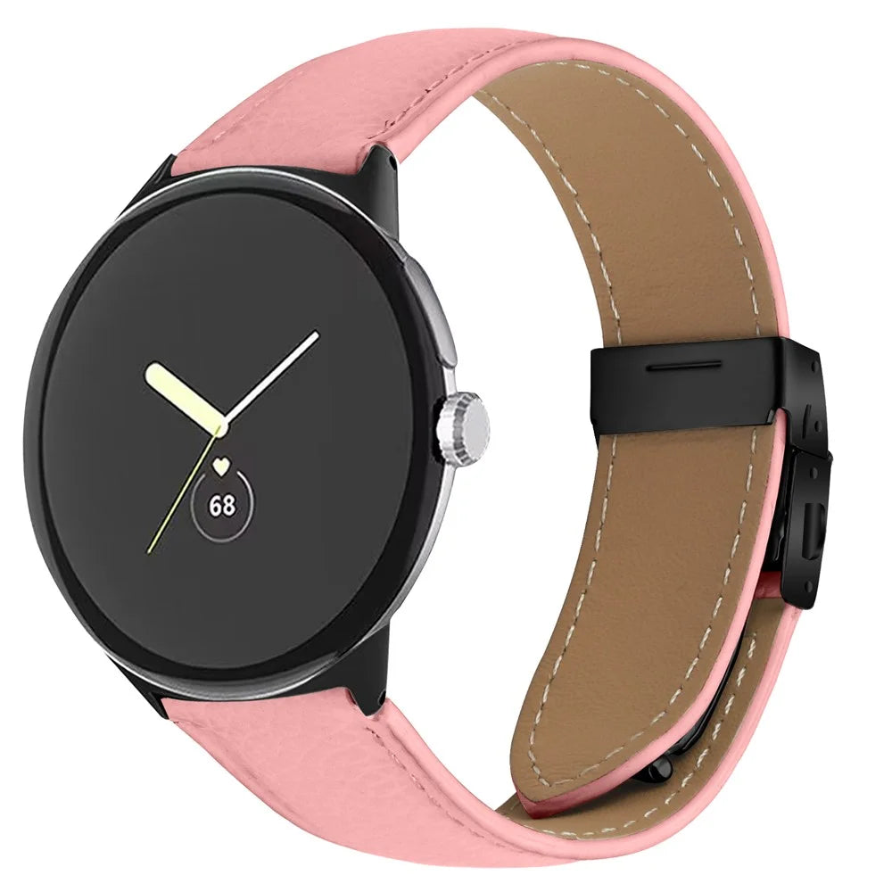 Wrist Strap For Google Pixel Watch 4 41mm / Watch 3 41mm / Watch 2 / Watch Genuine Leather Watch Band with Black Connector Turtle Back Buckle - Pink - 2