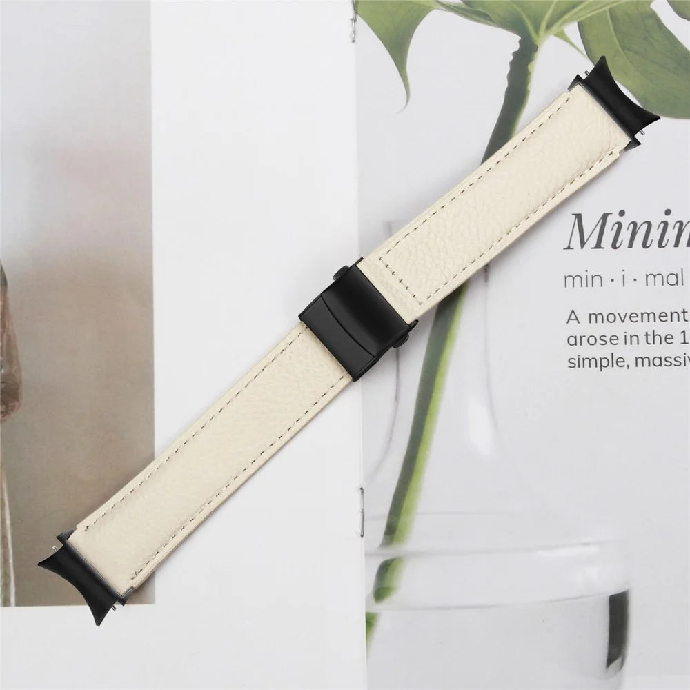 Wrist Strap with Black Quick Release Connector For Samsung Galaxy Watch7 40mm  /  44mm Genuine Leather Watch Band - Beige - 5