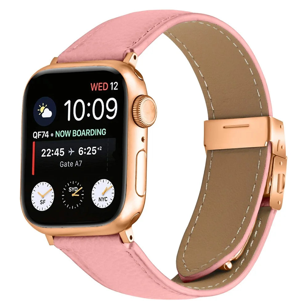 Genuine Leather Watch Band For Apple Watch Series 11 10 42mm  /  9 8 7 41mm  /  SE3 SE2 SE 6 5 4 40mm  /  3 2 1 38mm Wrist Strap with Rose Gold Connector Turtle Back Buckle - Pink - 2
