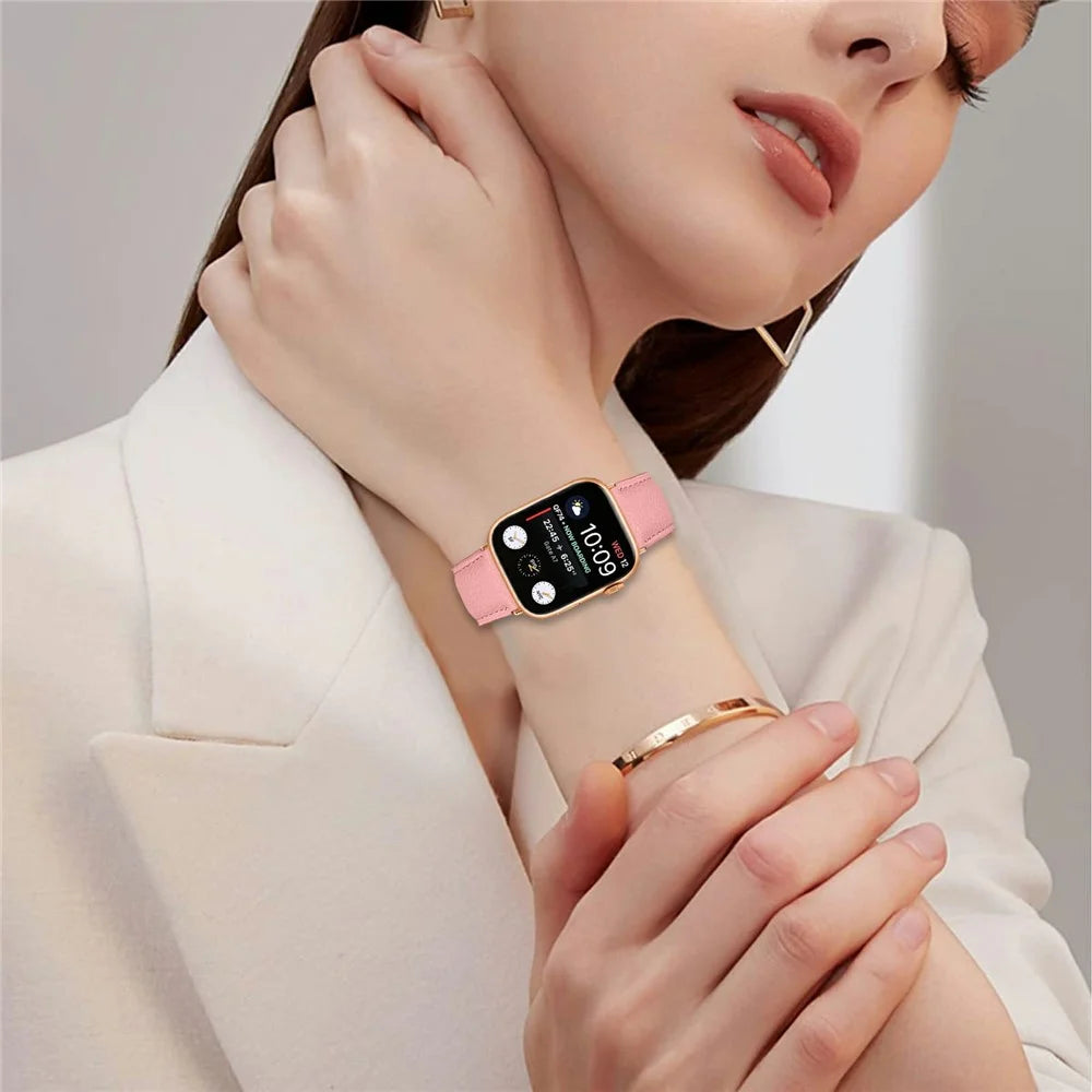 Genuine Leather Watch Band For Apple Watch Series 11 10 42mm  /  9 8 7 41mm  /  SE3 SE2 SE 6 5 4 40mm  /  3 2 1 38mm Wrist Strap with Rose Gold Connector Turtle Back Buckle - Pink - 3