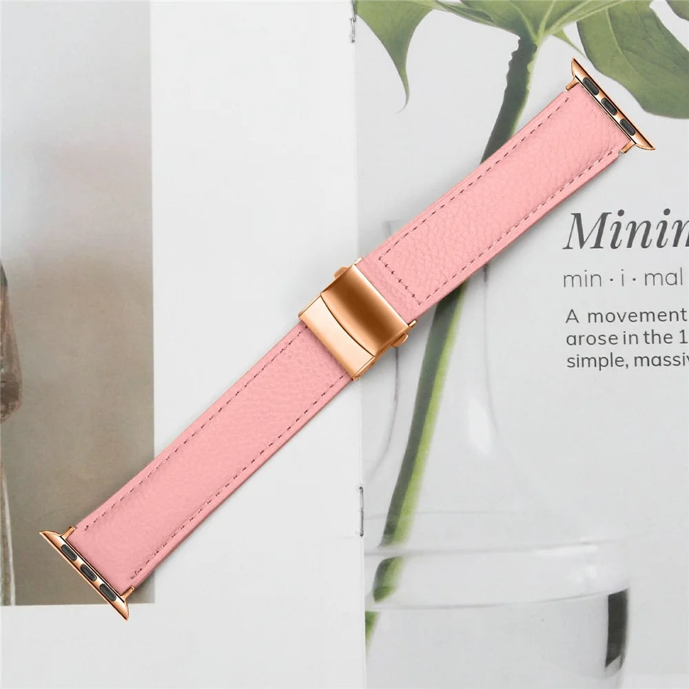 Genuine Leather Watch Band For Apple Watch Series 11 10 42mm  /  9 8 7 41mm  /  SE3 SE2 SE 6 5 4 40mm  /  3 2 1 38mm Wrist Strap with Rose Gold Connector Turtle Back Buckle - Pink - 5
