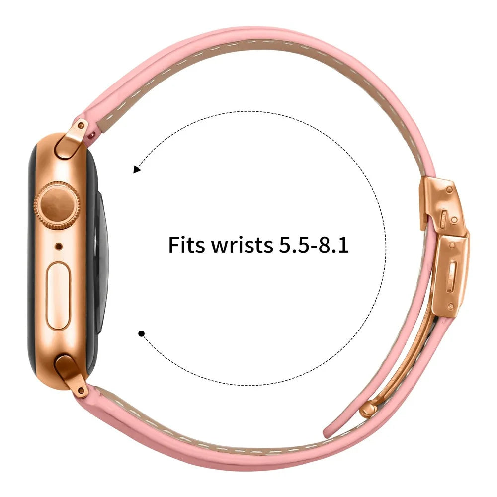 Genuine Leather Watch Band For Apple Watch Series 11 10 42mm  /  9 8 7 41mm  /  SE3 SE2 SE 6 5 4 40mm  /  3 2 1 38mm Wrist Strap with Rose Gold Connector Turtle Back Buckle - Pink - 6