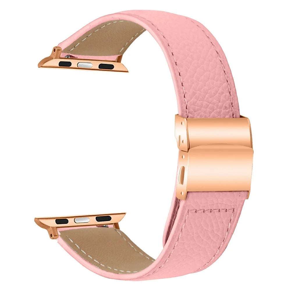 Genuine Leather Watch Band For Apple Watch Ultra 3 2 1 49mm  /  Series 11 10 46mm  /  9 8 7 45mm  /  SE3 SE2 SE 6 5 4 44mm  /  3 2 1 42mm Wrist Strap with Rose Gold Connector Turtle Back Buckle - Pink - 1