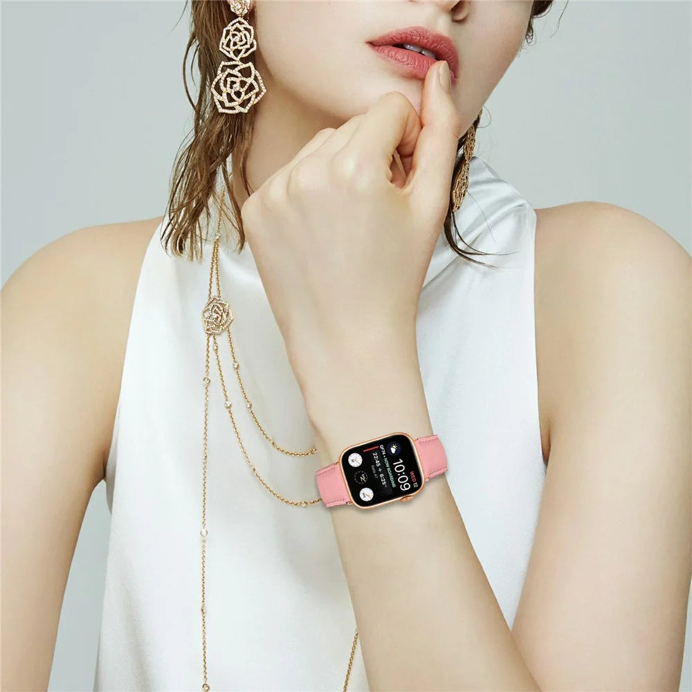 Genuine Leather Watch Band For Apple Watch Ultra 3 2 1 49mm  /  Series 11 10 46mm  /  9 8 7 45mm  /  SE3 SE2 SE 6 5 4 44mm  /  3 2 1 42mm Wrist Strap with Rose Gold Connector Turtle Back Buckle - Pink - 4