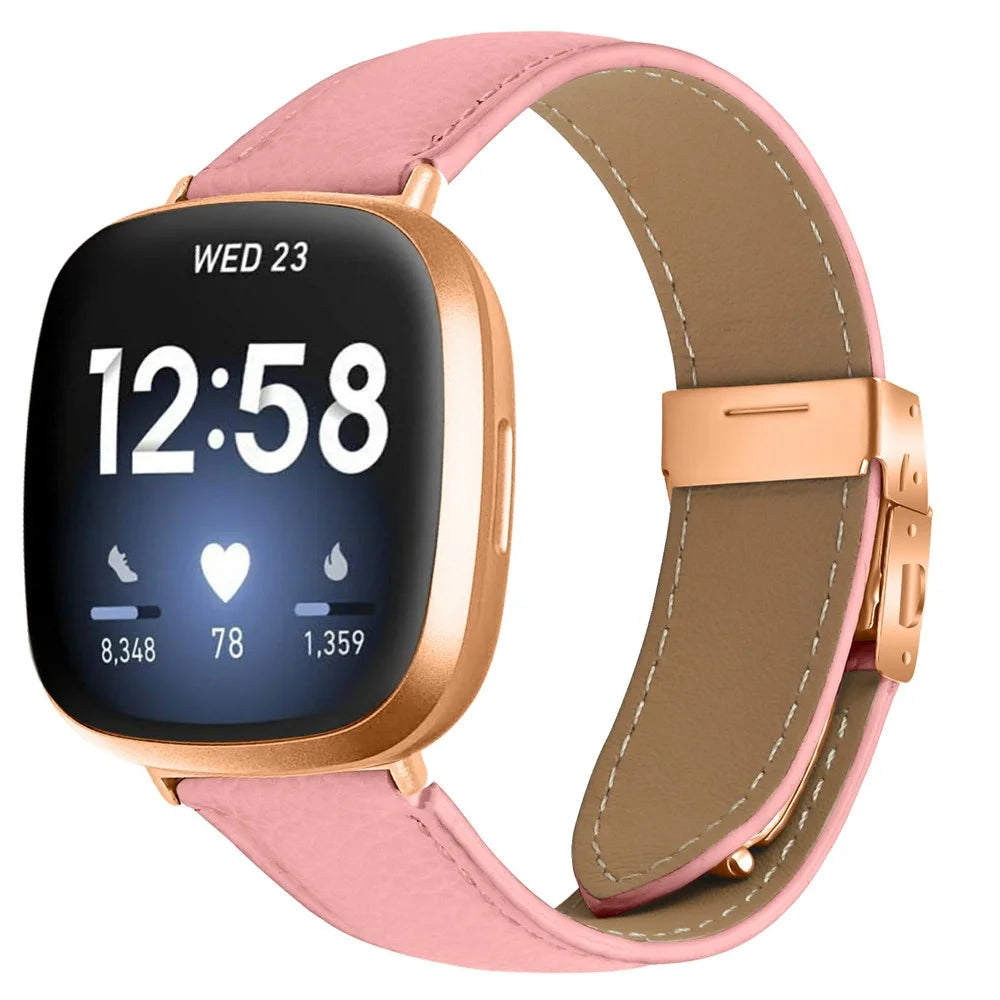 For Fitbit Versa 3  /  Sense Genuine Leather Watch Band with Rose Gold Connector Turtle Back Buckle - Pink - 2