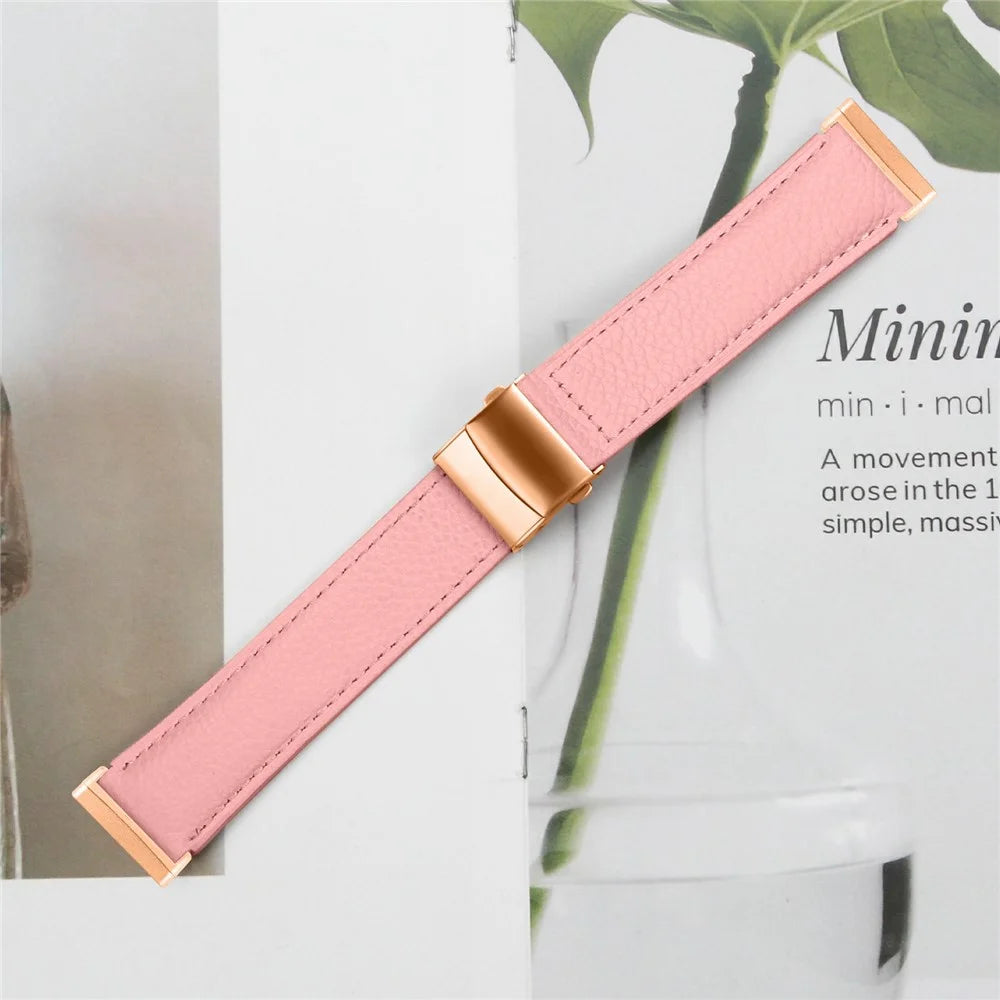 For Fitbit Versa 3  /  Sense Genuine Leather Watch Band with Rose Gold Connector Turtle Back Buckle - Pink - 5