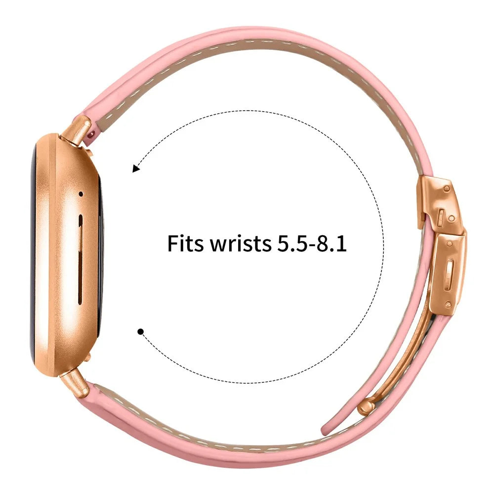 For Fitbit Versa 4  /  Sense 2 Genuine Leather Watch Band with Rose Gold Connector Turtle Back Buckle - Pink - 6