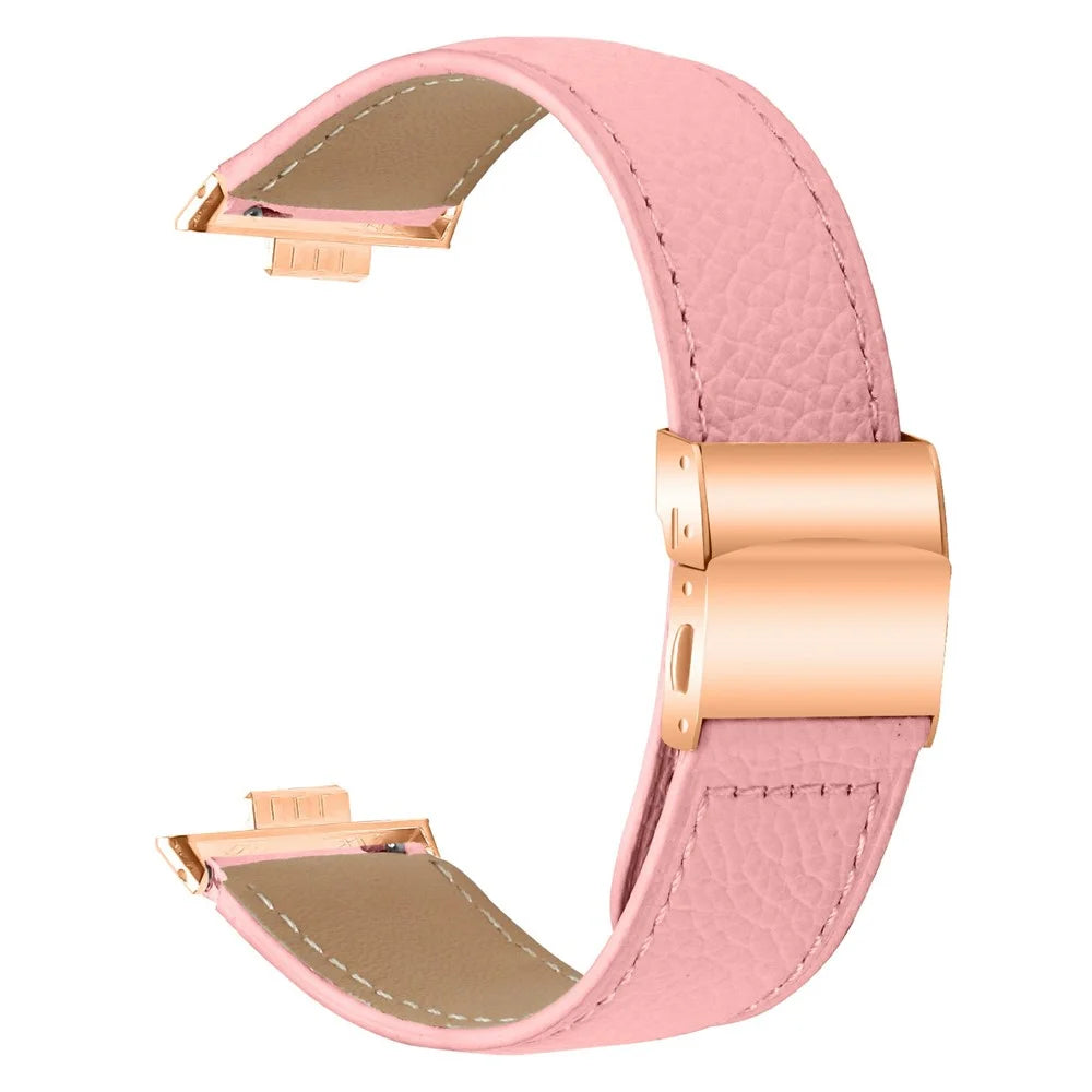 For Huawei Watch Fit 3  /  Fit 4  /  Fit 4 Pro Genuine Leather Watch Band with Rose Gold Connector Turtle Back Buckle - Pink - 1