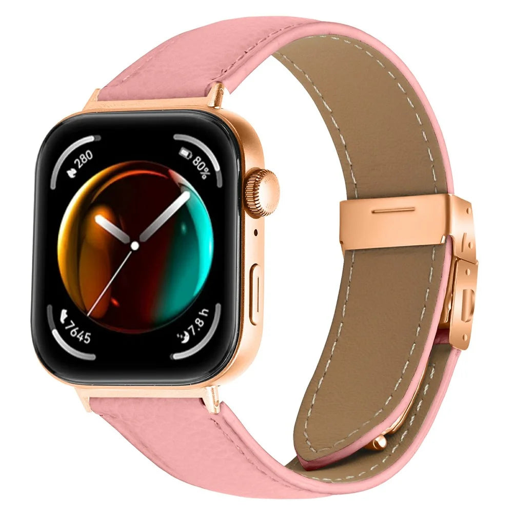 For Huawei Watch Fit 3  /  Fit 4  /  Fit 4 Pro Genuine Leather Watch Band with Rose Gold Connector Turtle Back Buckle - Pink - 2
