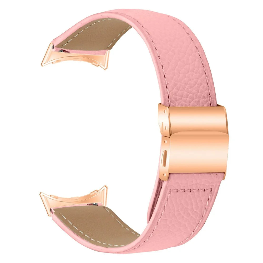 For Google Pixel Watch 4 41mm / Watch 3 41mm / Watch 2 / Watch Genuine Leather Watch Band with Rose Gold Connector Turtle Back Buckle - Pink - 1