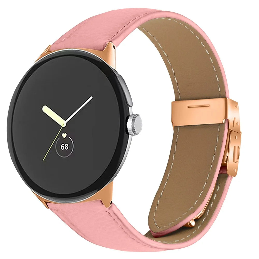 For Google Pixel Watch 4 41mm / Watch 3 41mm / Watch 2 / Watch Genuine Leather Watch Band with Rose Gold Connector Turtle Back Buckle - Pink - 2
