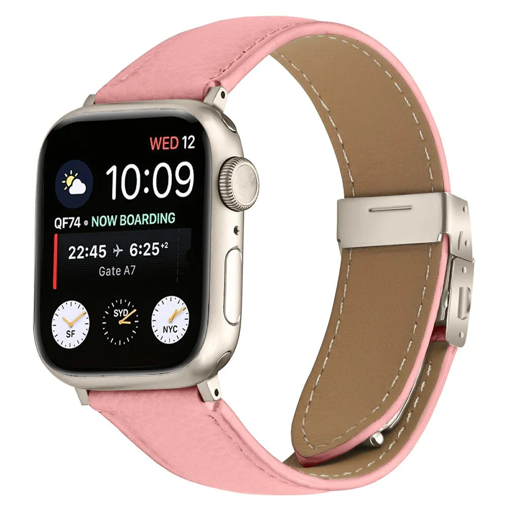 Genuine Leather Watch Band For Apple Watch Series 11 10 42mm  /  9 8 7 41mm  /  SE3 SE2 SE 6 5 4 40mm  /  3 2 1 38mm Wrist Strap with Starlight Connector Turtle Back Buckle - Pink - 2