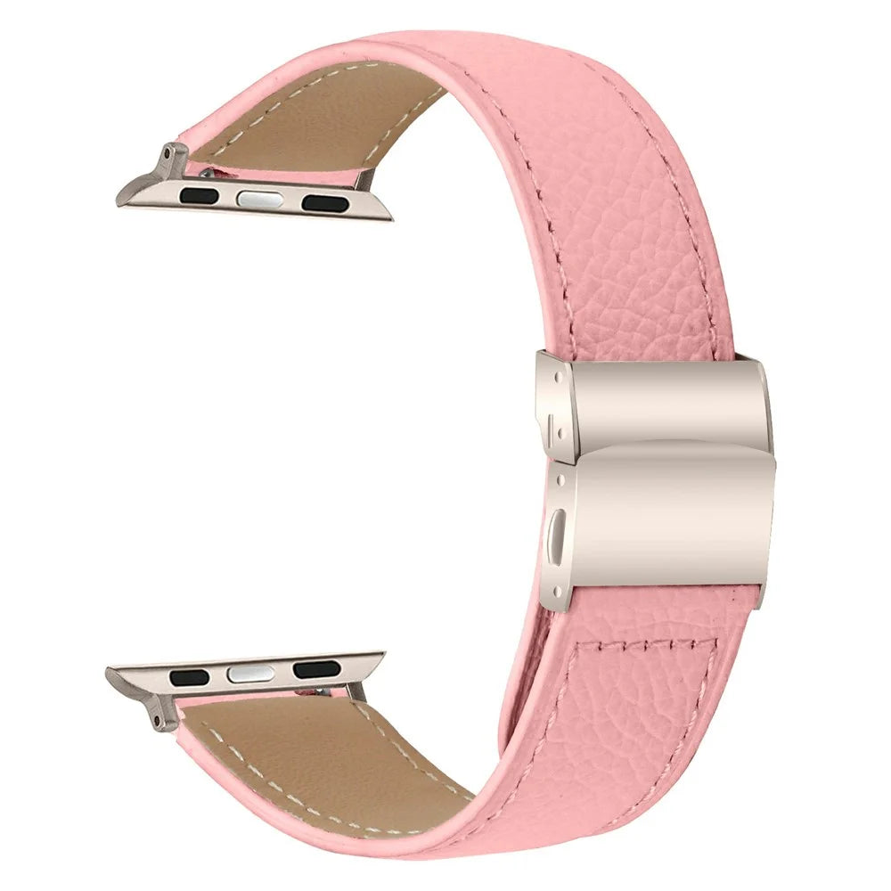 Genuine Leather Watch Band For Apple Watch Ultra 3 2 1 49mm  /  Series 11 10 46mm  /  9 8 7 45mm  /  SE3 SE2 SE 6 5 4 44mm  /  3 2 1 42mm Wrist Strap with Starlight Connector Turtle Back Buckle - Pink - 1