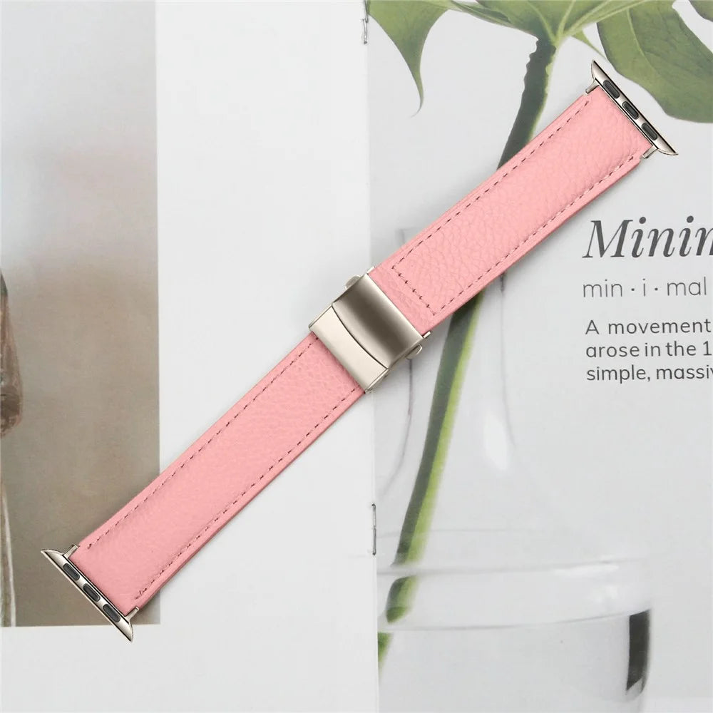 Genuine Leather Watch Band For Apple Watch Ultra 3 2 1 49mm  /  Series 11 10 46mm  /  9 8 7 45mm  /  SE3 SE2 SE 6 5 4 44mm  /  3 2 1 42mm Wrist Strap with Starlight Connector Turtle Back Buckle - Pink - 5