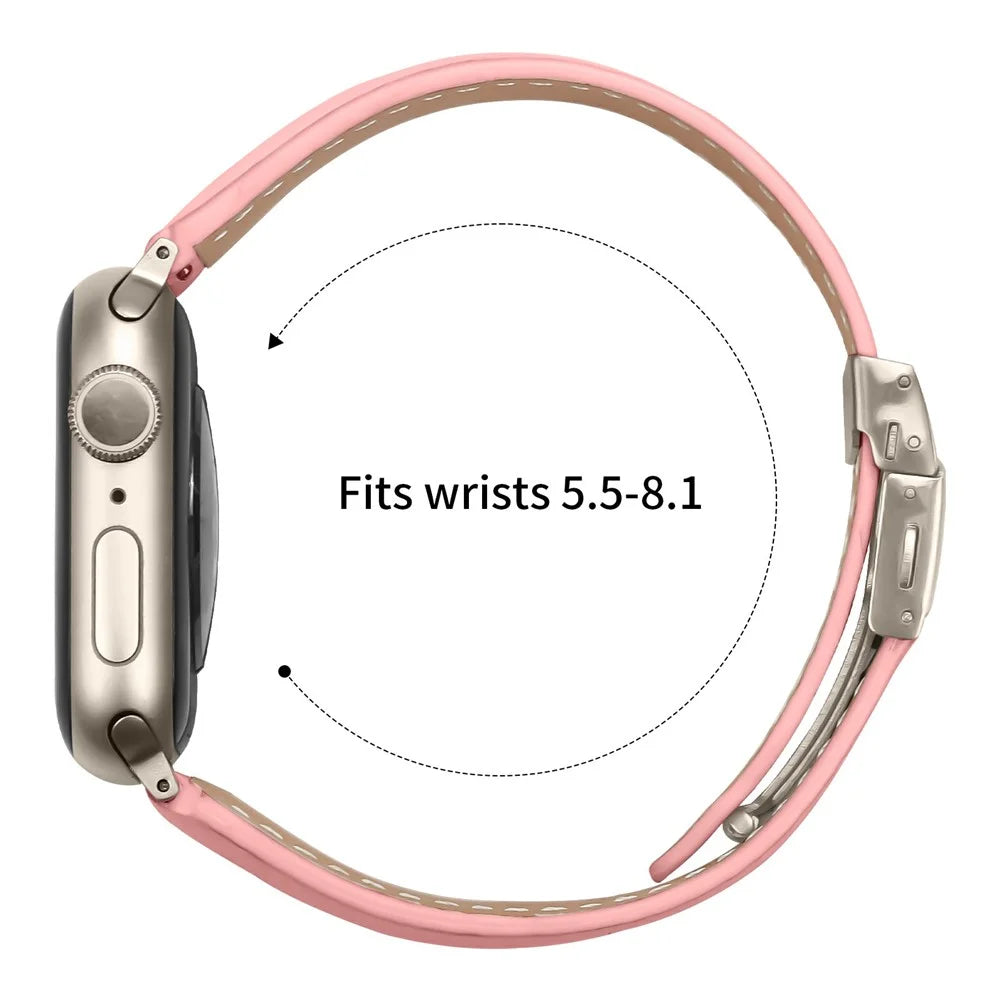 Genuine Leather Watch Band For Apple Watch Ultra 3 2 1 49mm  /  Series 11 10 46mm  /  9 8 7 45mm  /  SE3 SE2 SE 6 5 4 44mm  /  3 2 1 42mm Wrist Strap with Starlight Connector Turtle Back Buckle - Pink - 6