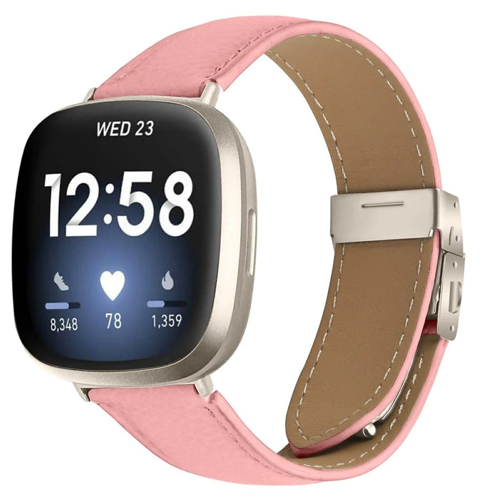 For Fitbit Versa 3  /  Sense Genuine Leather Watch Band with Starlight Connector Turtle Back Buckle - Pink - 2