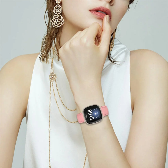 For Fitbit Versa 3  /  Sense Genuine Leather Watch Band with Starlight Connector Turtle Back Buckle - Pink - 4