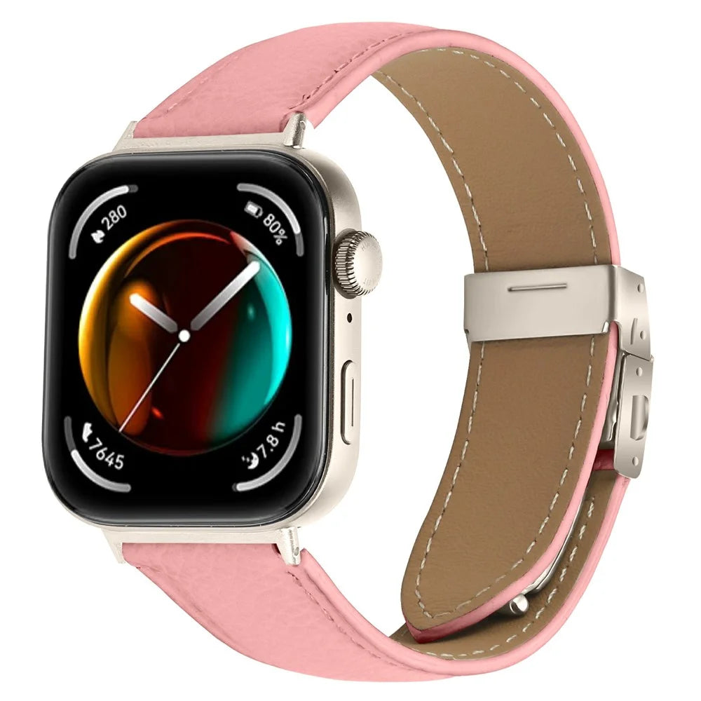 For Huawei Watch Fit 3  /  Fit 4  /  Fit 4 Pro Genuine Leather Watch Band with Starlight Connector Turtle Back Buckle - Pink - 2