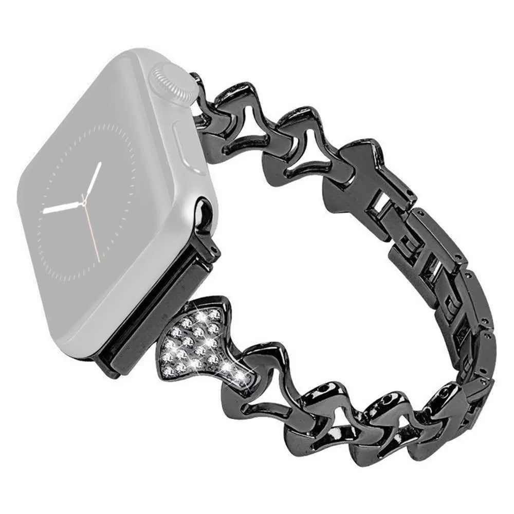 Aluminum Alloy Rhinestone Fan Shaped Bracelet Watch Strap Replacement for Apple Watch Ultra 3 2 1 49mm / Series 11 10 46mm / 9 8 7 45mm / SE3 SE2 SE 6 5 4 44mm / 3 2 1 42mm - Black - 1