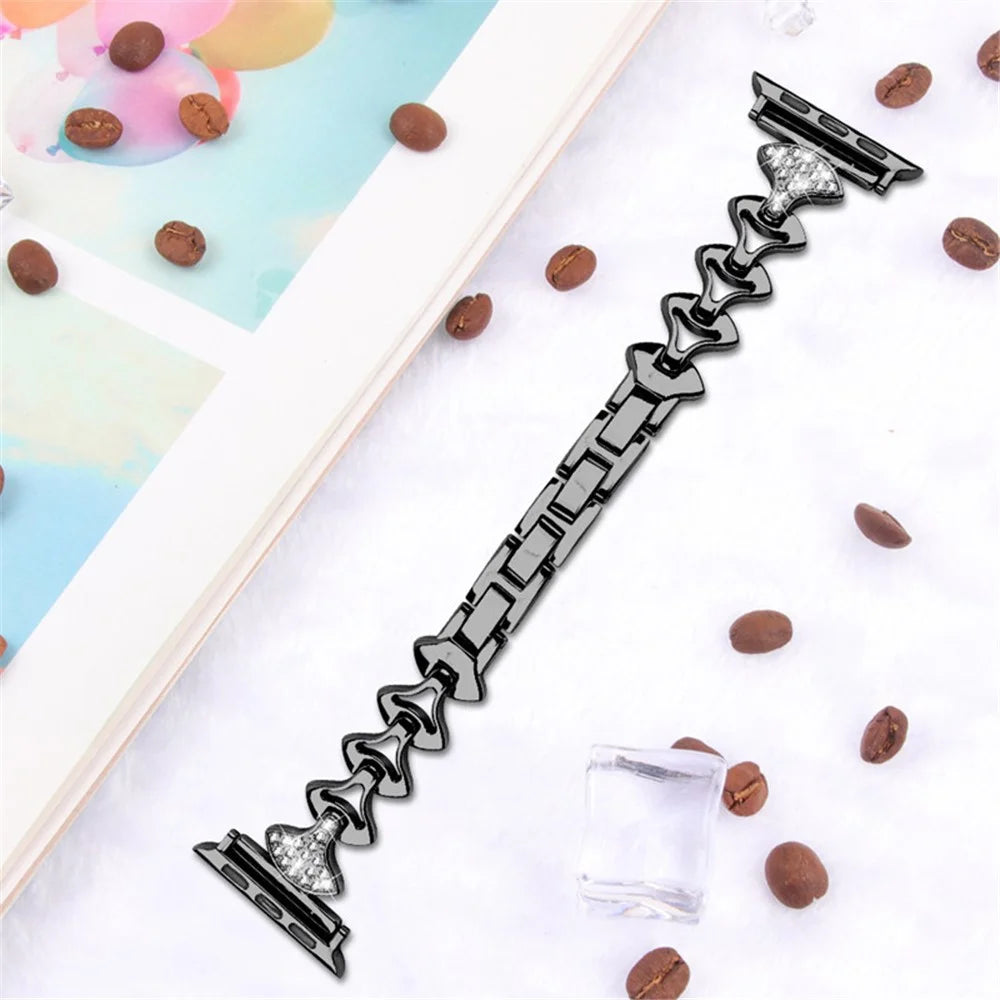 Aluminum Alloy Rhinestone Fan Shaped Bracelet Watch Strap Replacement for Apple Watch Ultra 3 2 1 49mm / Series 11 10 46mm / 9 8 7 45mm / SE3 SE2 SE 6 5 4 44mm / 3 2 1 42mm - Black - 2