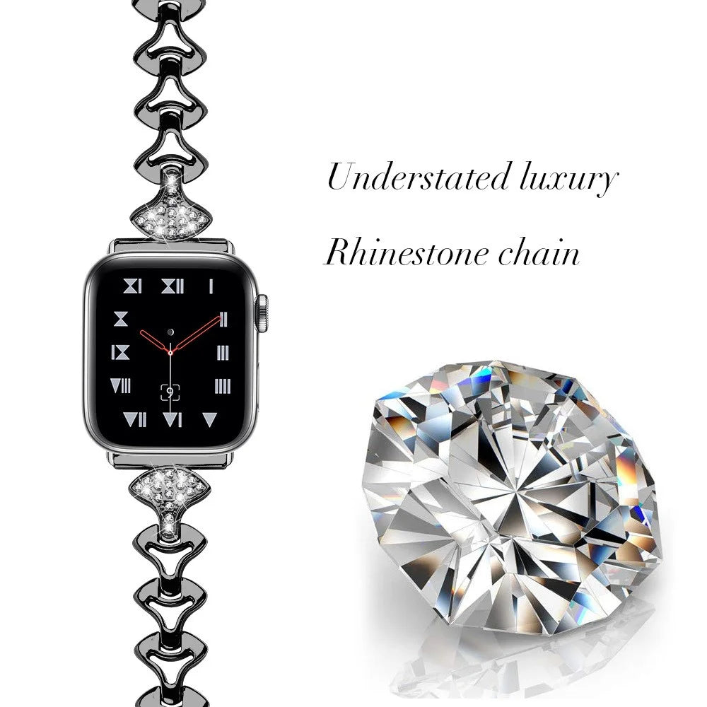 Aluminum Alloy Rhinestone Fan Shaped Bracelet Watch Strap Replacement for Apple Watch Ultra 3 2 1 49mm / Series 11 10 46mm / 9 8 7 45mm / SE3 SE2 SE 6 5 4 44mm / 3 2 1 42mm - Black - 3