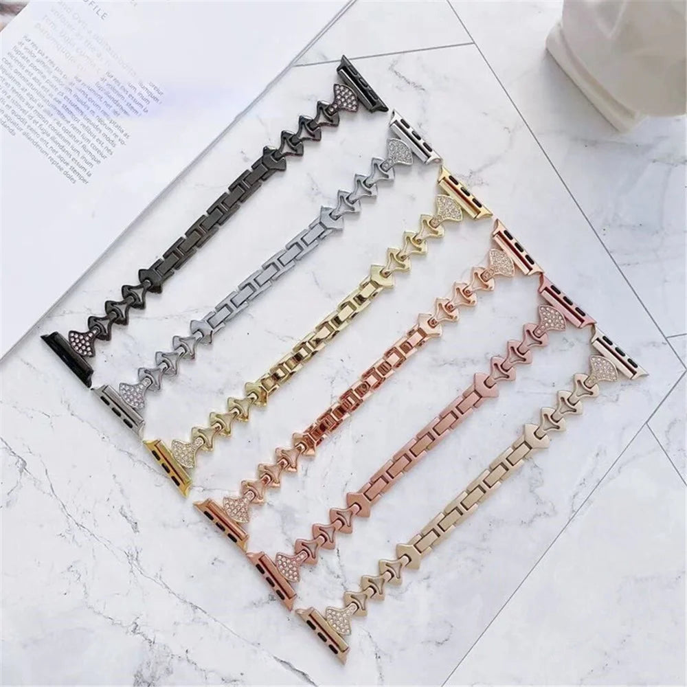 Aluminum Alloy Rhinestone Fan Shaped Bracelet Watch Strap Replacement for Apple Watch Ultra 3 2 1 49mm / Series 11 10 46mm / 9 8 7 45mm / SE3 SE2 SE 6 5 4 44mm / 3 2 1 42mm - Black - 5