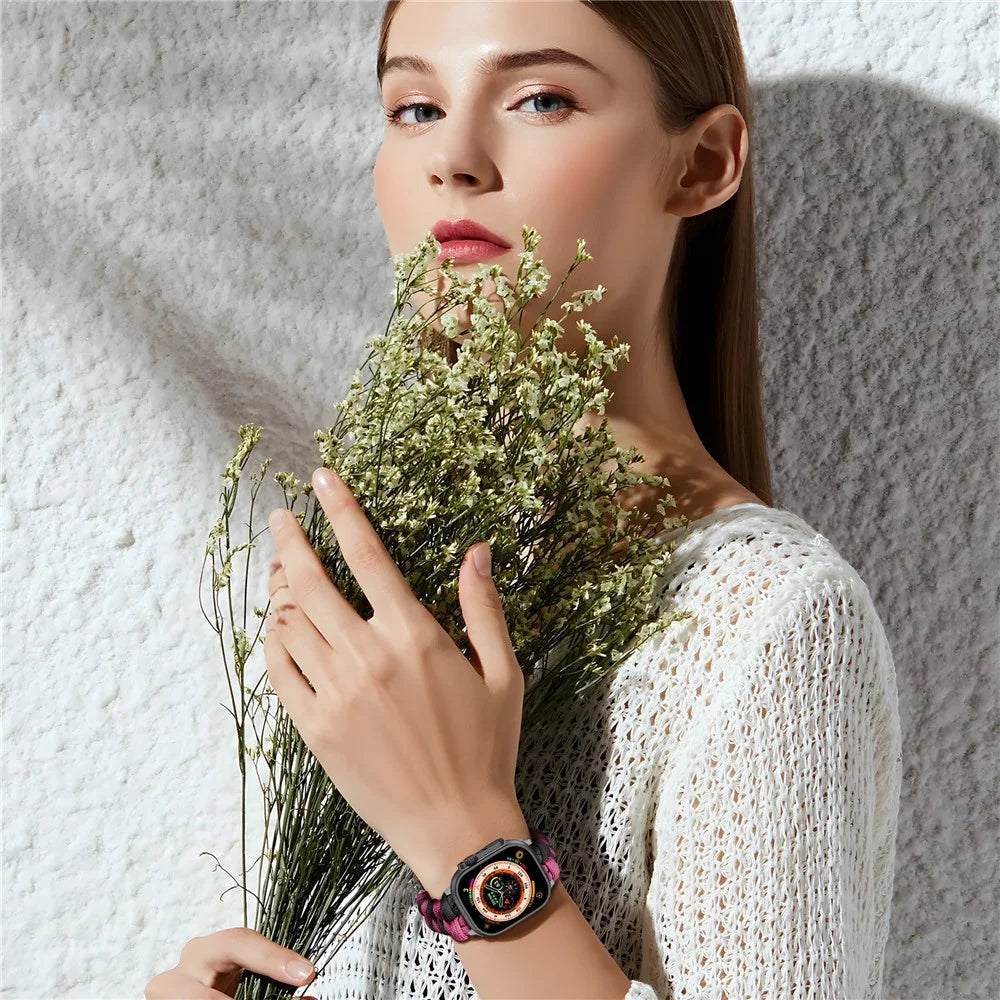 Watch Band for Apple Watch Series 11 10 42mm  /  9 8 7 41mm  /  SE3 SE2 SE 6 5 4 40mm  /  3 2 1 38mm Dual Color Braided Nylon Strap - Black+Rose - 5