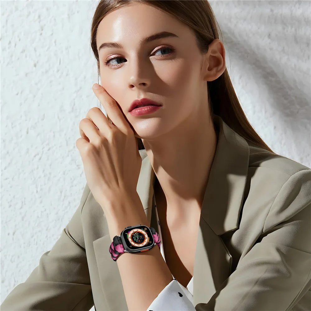 Watch Band for Apple Watch Ultra 3 2 1 49mm  /  Series 11 10 46mm  /  9 8 7 45mm  /  SE3 SE2 SE 6 5 4 44mm  /  3 2 1 42mm Dual Color Braided Nylon Strap - Black+Rose - 4