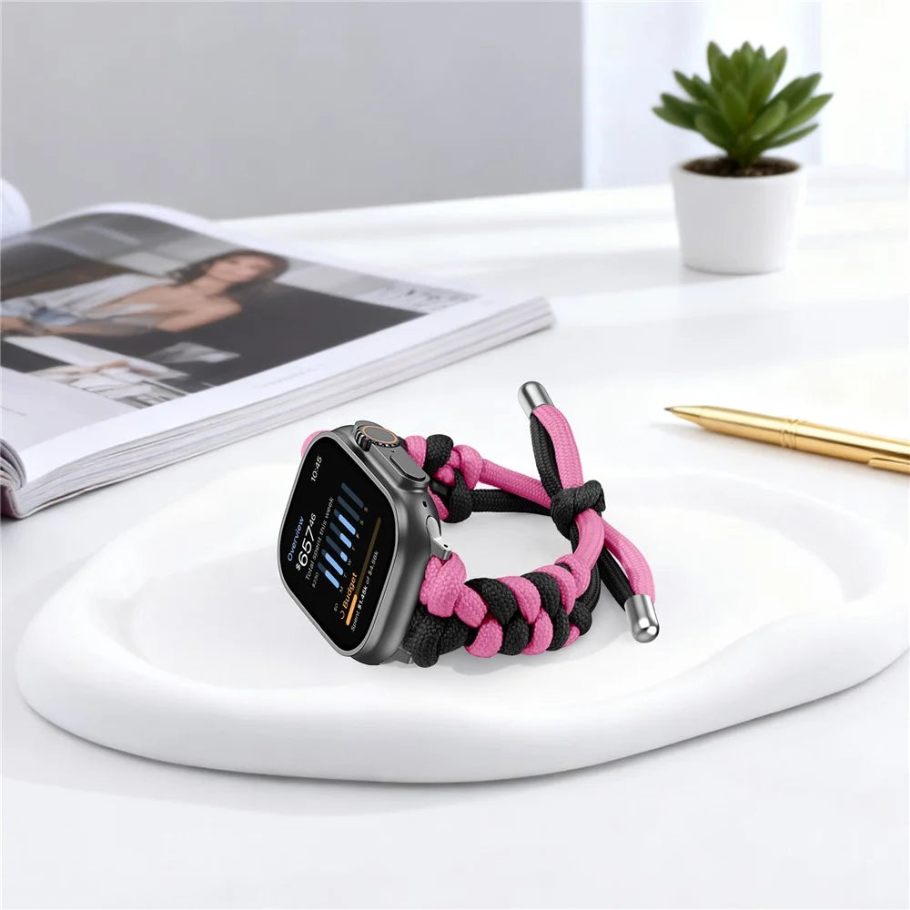 Watch Band for Apple Watch Ultra 3 2 1 49mm  /  Series 11 10 46mm  /  9 8 7 45mm  /  SE3 SE2 SE 6 5 4 44mm  /  3 2 1 42mm Dual Color Braided Nylon Strap - Black+Rose - 6