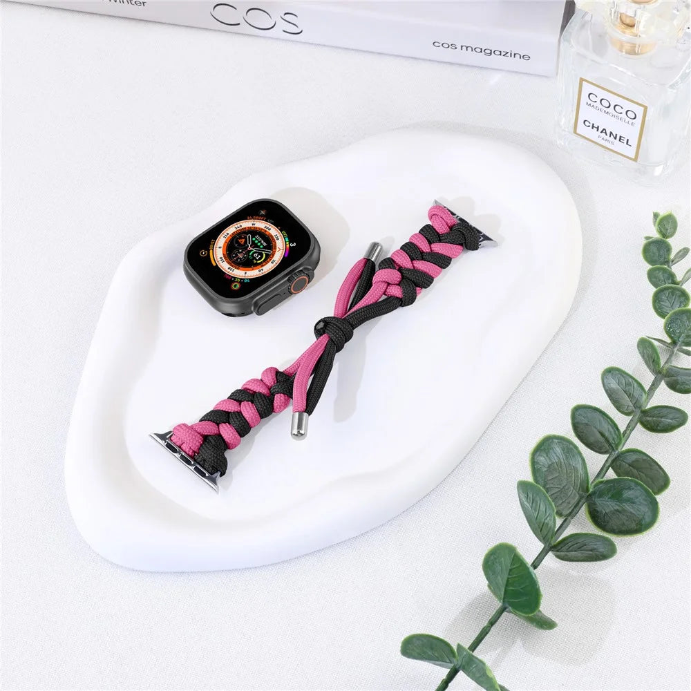 Watch Band for Apple Watch Ultra 3 2 1 49mm  /  Series 11 10 46mm  /  9 8 7 45mm  /  SE3 SE2 SE 6 5 4 44mm  /  3 2 1 42mm Dual Color Braided Nylon Strap - Black+Rose - 7