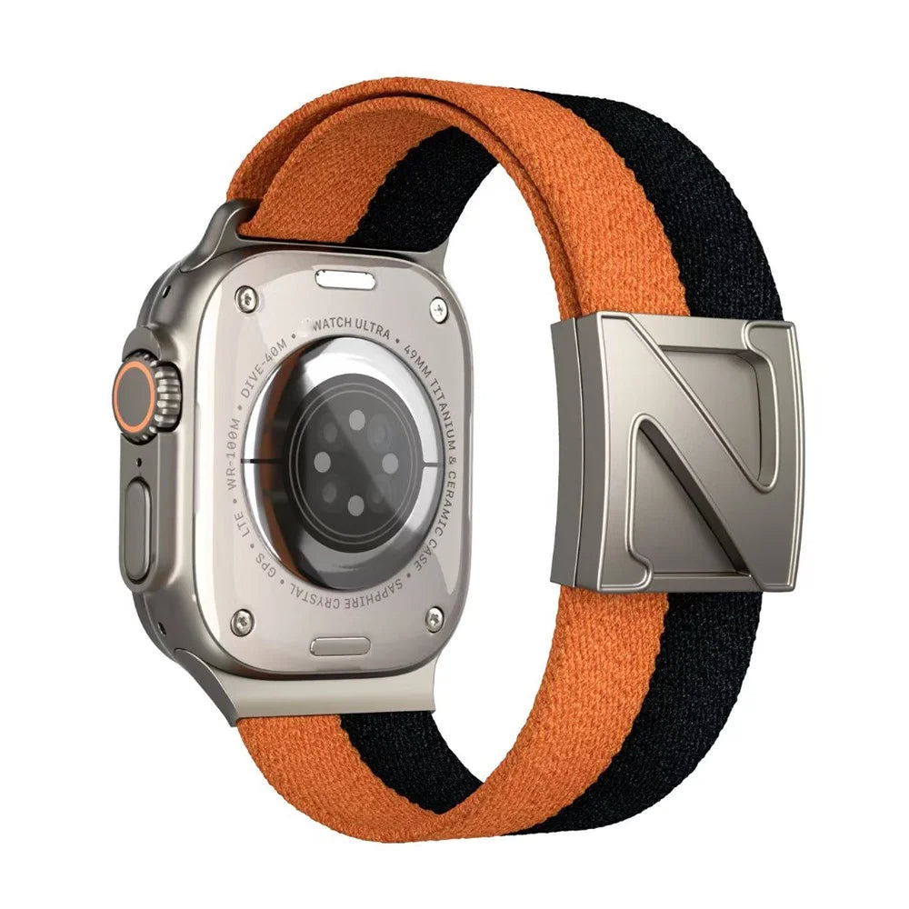 Replacement Strap for Apple Watch Series 11 10 42mm  /  9 8 7 41mm  /  SE3 SE2 SE 6 5 4 40mm  /  3 2 1 38mm Z-Shaped Magnetic Clasp Nylon Watch Band - Orange+Black - 1