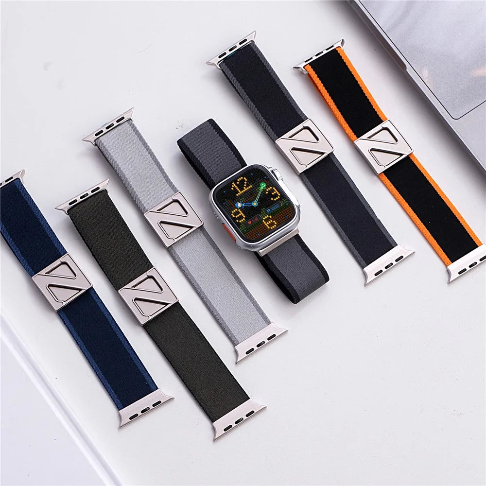 Replacement Strap for Apple Watch Series 11 10 42mm  /  9 8 7 41mm  /  SE3 SE2 SE 6 5 4 40mm  /  3 2 1 38mm Z-Shaped Magnetic Clasp Nylon Watch Band - Orange+Black - 5