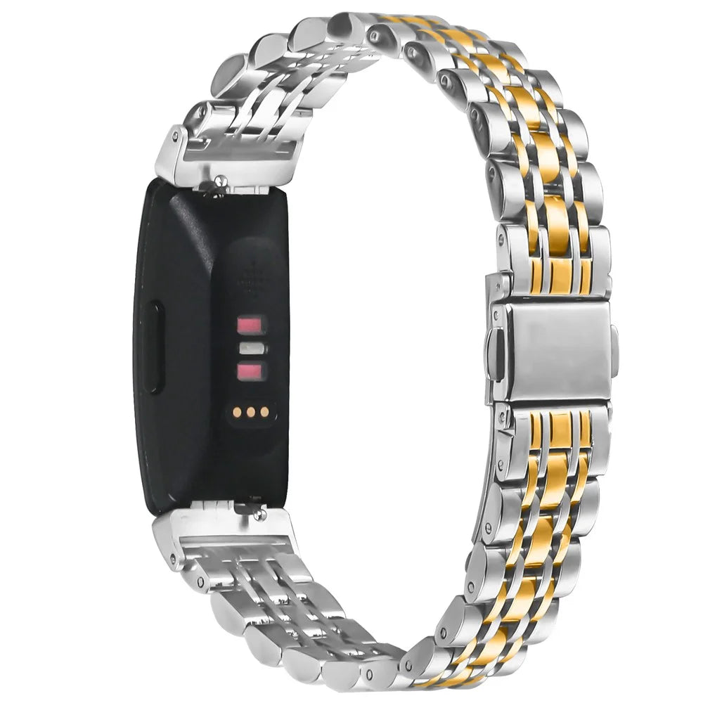 Watch Band For Fitbit Inspire / Inspire 2 / Inspire HR , Slim 7-Bead Electroplated Stainless Steel Strap - Silver / Gold - 1