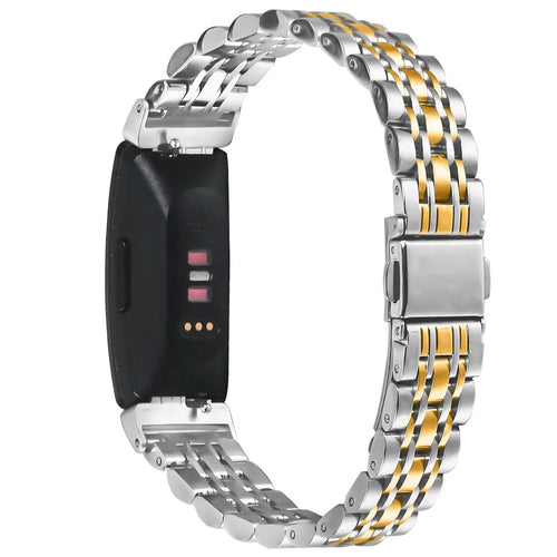 Watch Band For Fitbit Inspire / Inspire 2 / Inspire HR , Slim 7-Bead Electroplated Stainless Steel Strap - Silver / Gold - 1