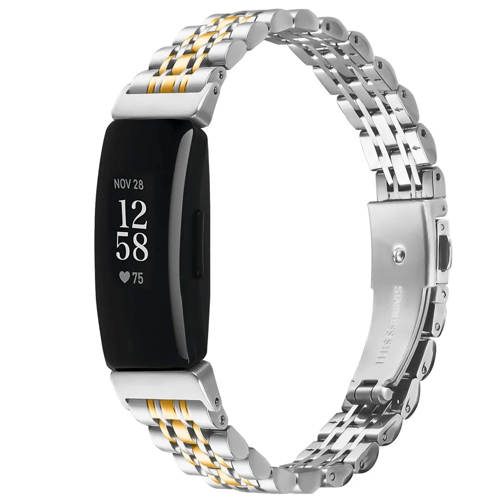Watch Band For Fitbit Inspire / Inspire 2 / Inspire HR , Slim 7-Bead Electroplated Stainless Steel Strap - Silver / Gold - 2