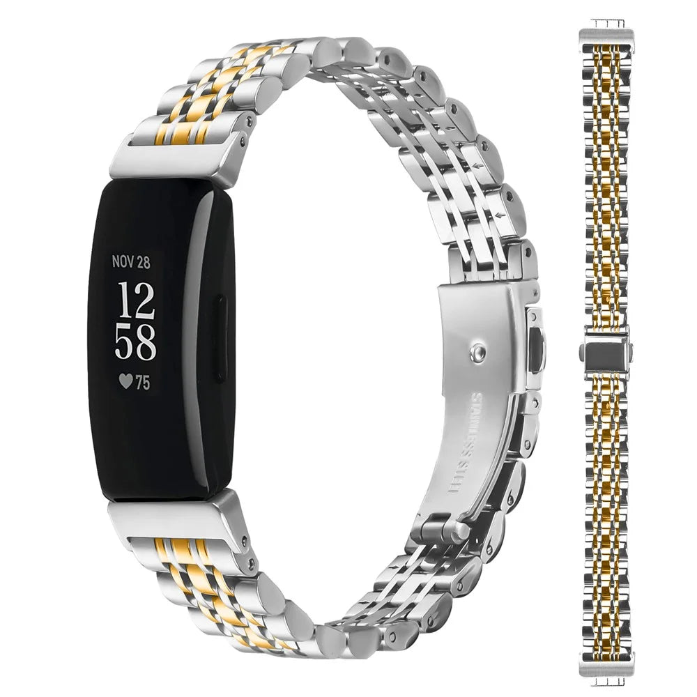 Watch Band For Fitbit Inspire / Inspire 2 / Inspire HR , Slim 7-Bead Electroplated Stainless Steel Strap - Silver / Gold - 3
