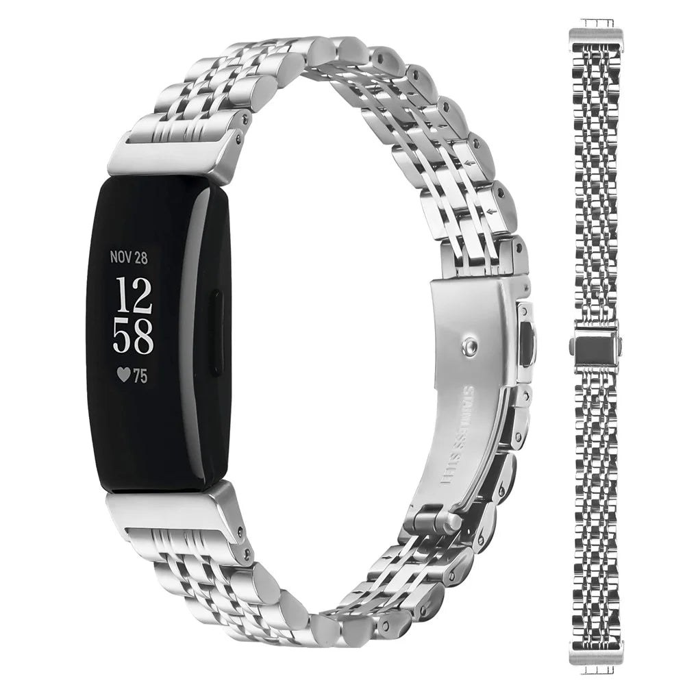 Watch Band For Fitbit Inspire / Inspire 2 / Inspire HR , Slim 7-Bead Stainless Steel Strap - Silver - 3