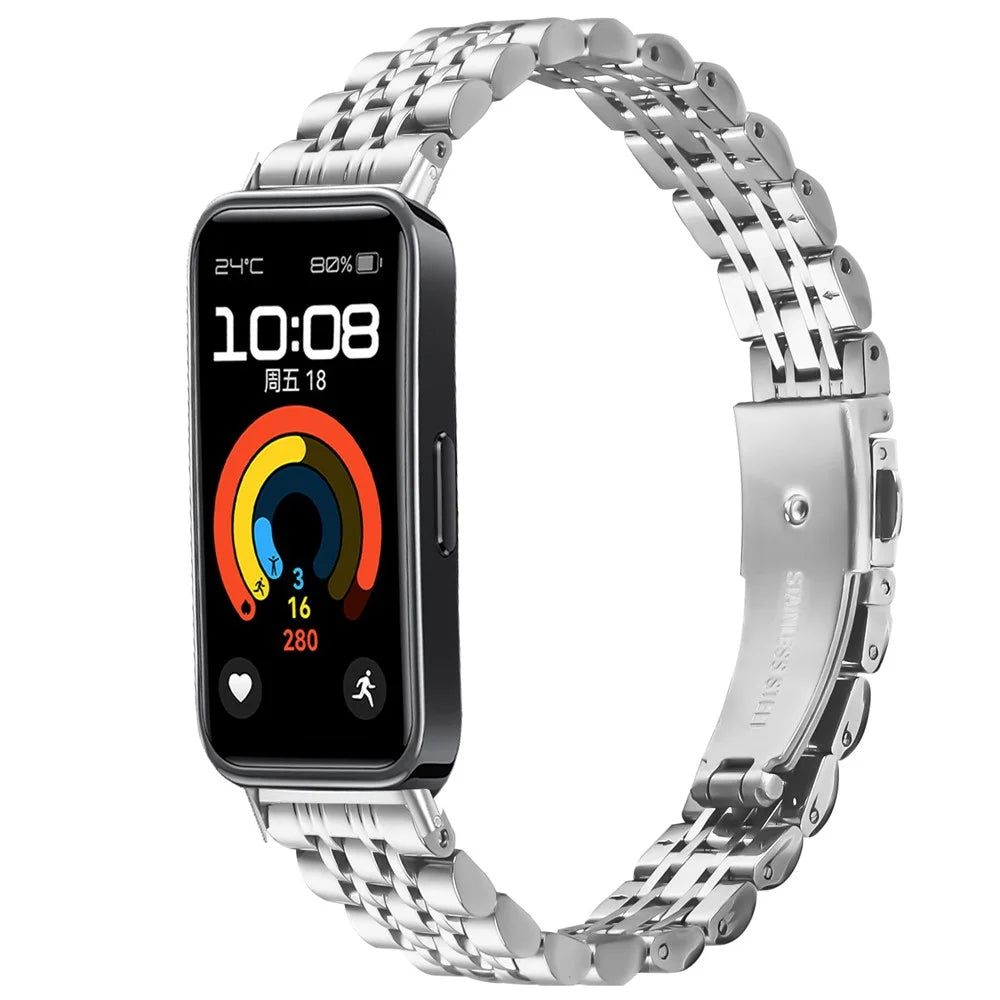 Watch Band For Huawei Band 10 / 9 / 8 , Slim 7-Bead Stainless Steel Strap - Silver - 2