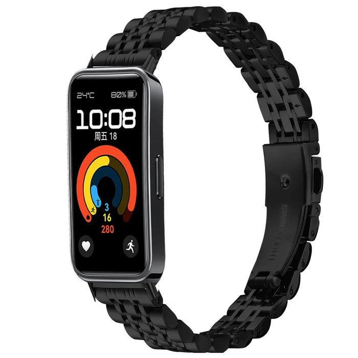 Watch Band For Huawei Band 10 / 9 / 8 , Slim 7-Bead Stainless Steel Strap - Black - 2