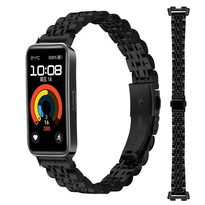 Watch Band For Huawei Band 10 / 9 / 8 , Slim 7-Bead Stainless Steel Strap - Black - 3